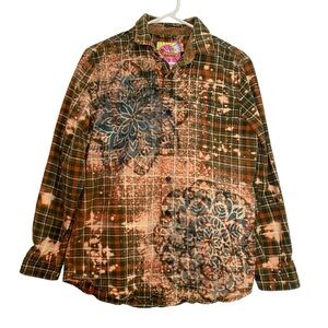 Handmade Floral Flannel Shirt Mens Size Medium Bleached Plaid Button Down Green